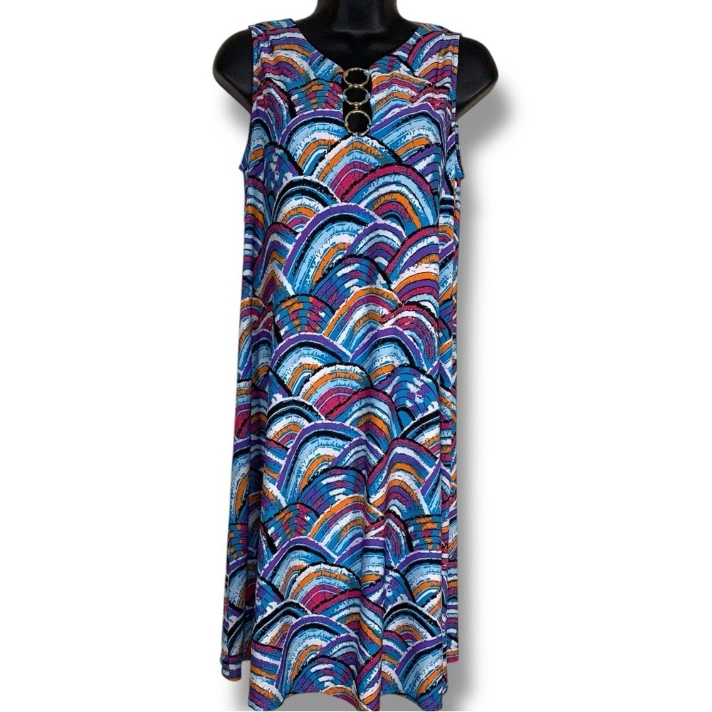 Medium Ivy Road Colorful Swirl Print Dress Stretch Blue Purple Gold Cutout